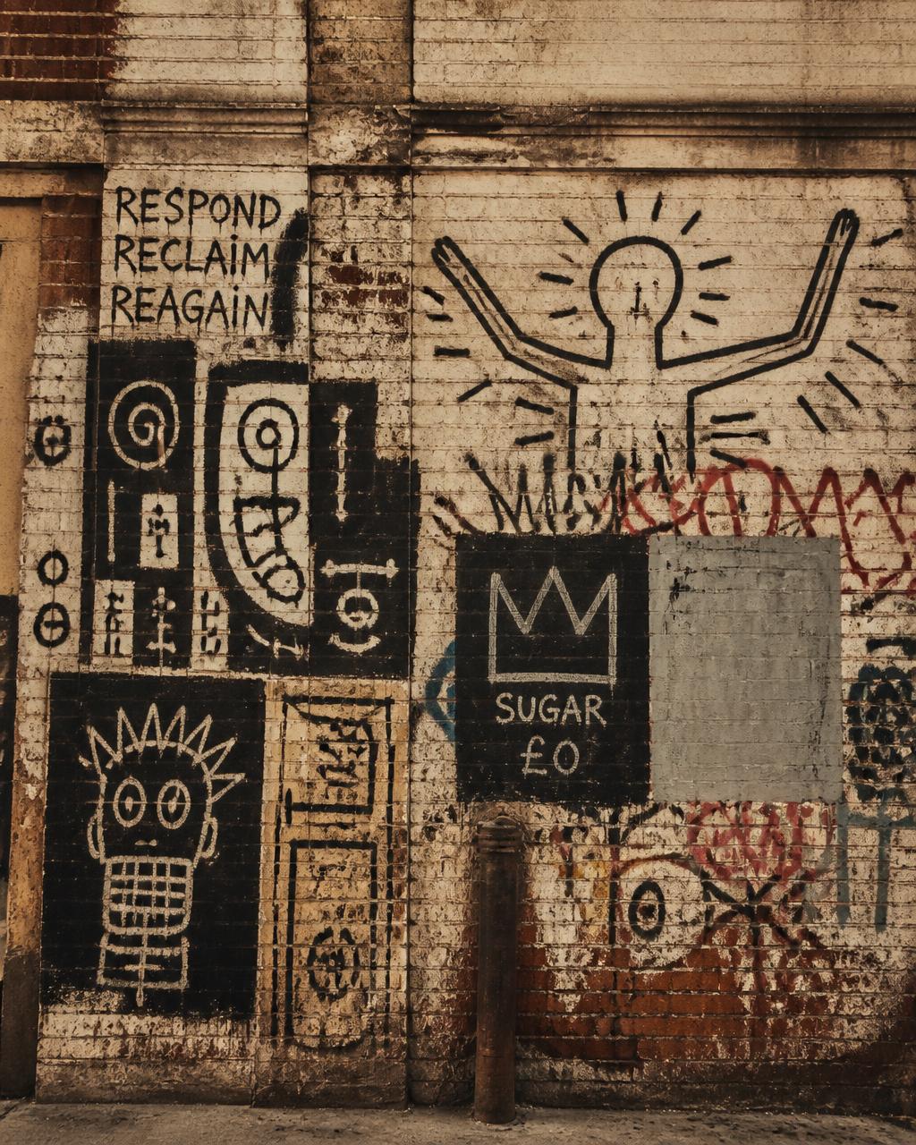 A weathered 1980s street-art wall with graffiti tags and bold mark-making