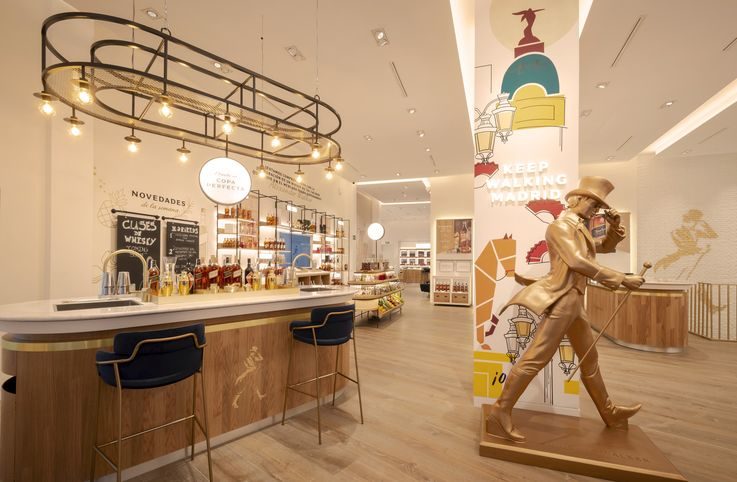 A luxury retail interior with bold graphic artwork and a sculptural figure