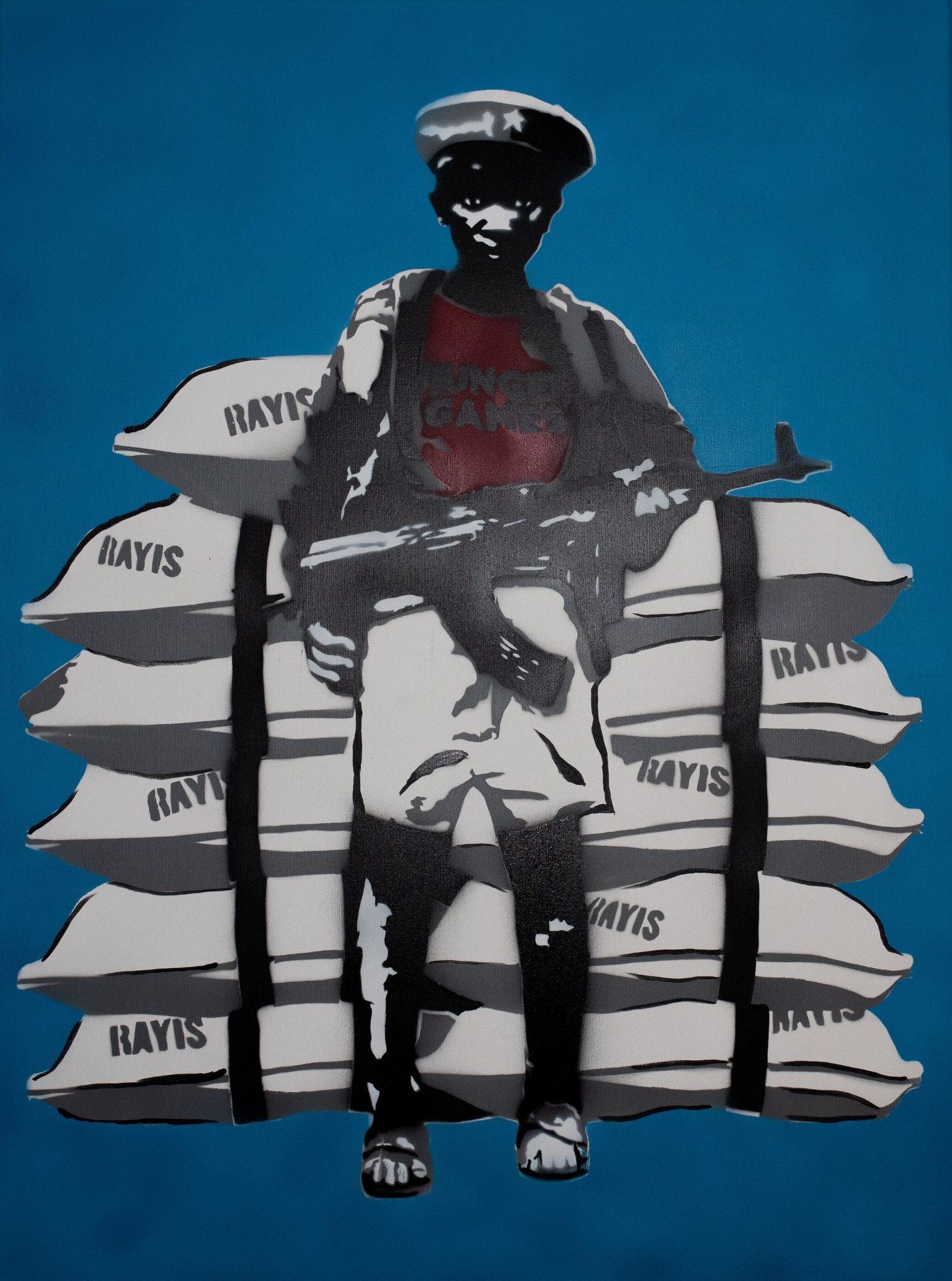 Abu, 11, Hunger Games I — original stencil on canvas artwork by Aidan Phelan, 120 × 120 cm, 2025, War Child Collection 2025, available at Causon Daniels