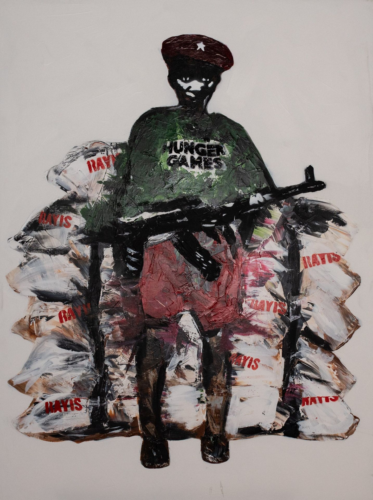 Abu, 11, Hunger Games III — original stencil on canvas artwork by Aidan Phelan, 120 × 120 cm, 2025, War Child Collection 2025, available at Causon Daniels
