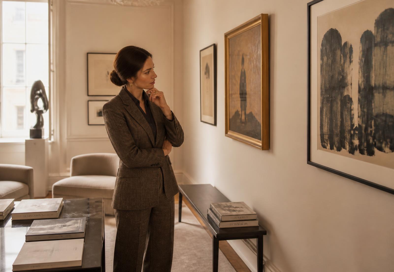 An art adviser considering framed works in a private viewing room