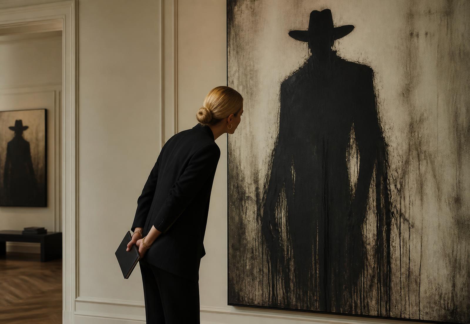 A specialist examining a large painting during a formal art appraisal