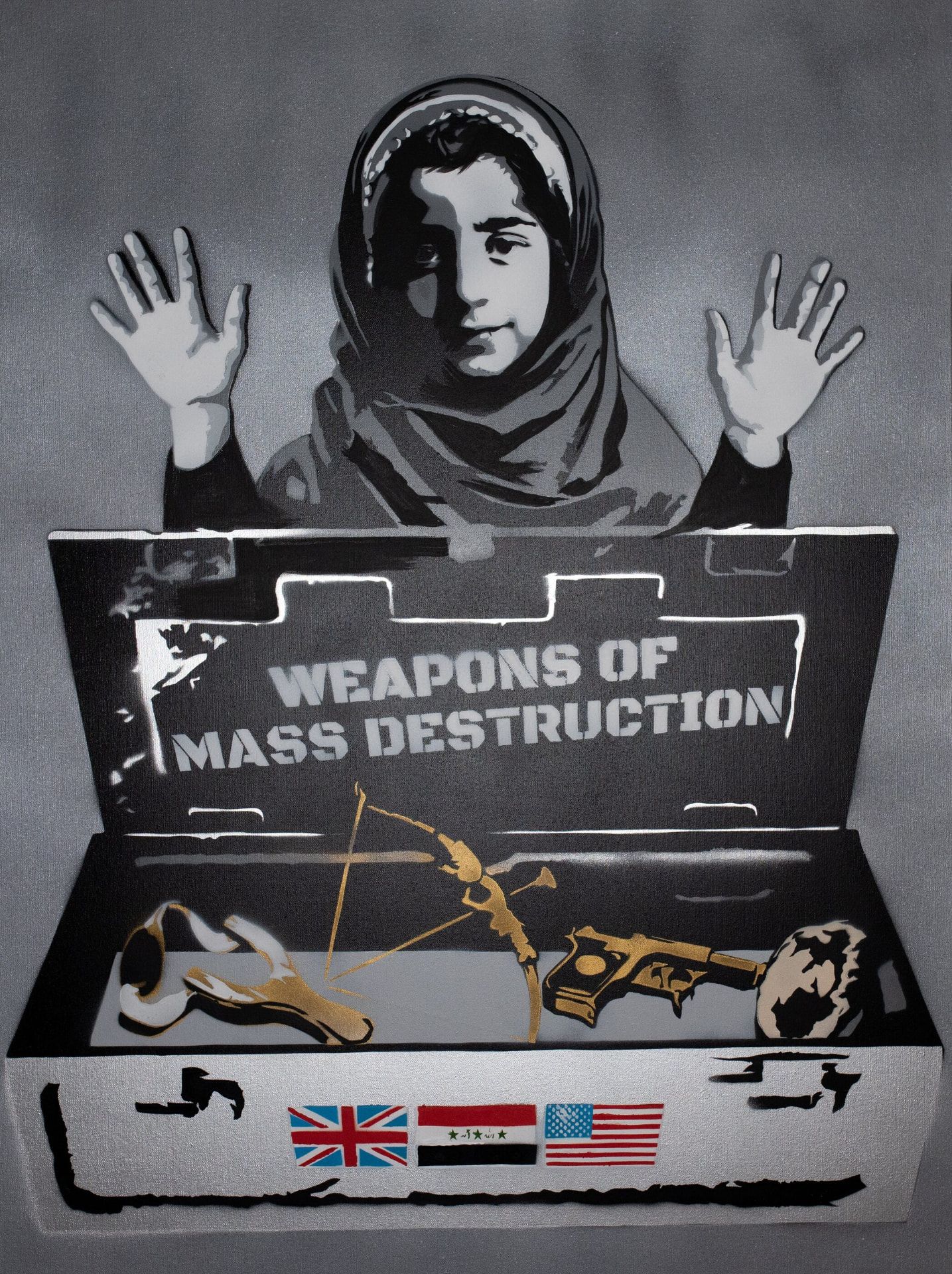 Aisha, 9, WOMD I — original stencil on canvas artwork by Aidan Phelan, 120 × 120 cm, 2025, War Child Collection 2025, available at Causon Daniels