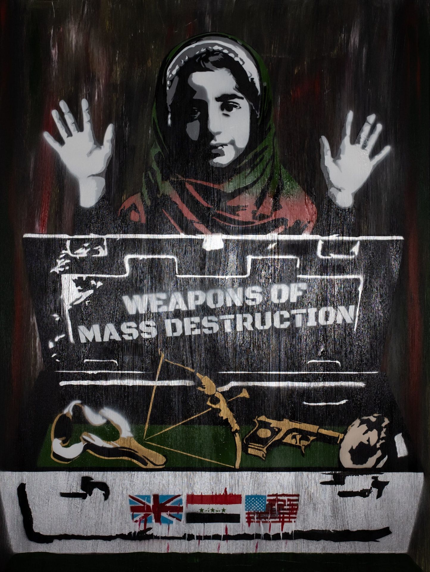 Aisha, 9, WOMD II — original stencil on canvas artwork by Aidan Phelan, 120 × 120 cm, 2025, War Child Collection 2025, available at Causon Daniels