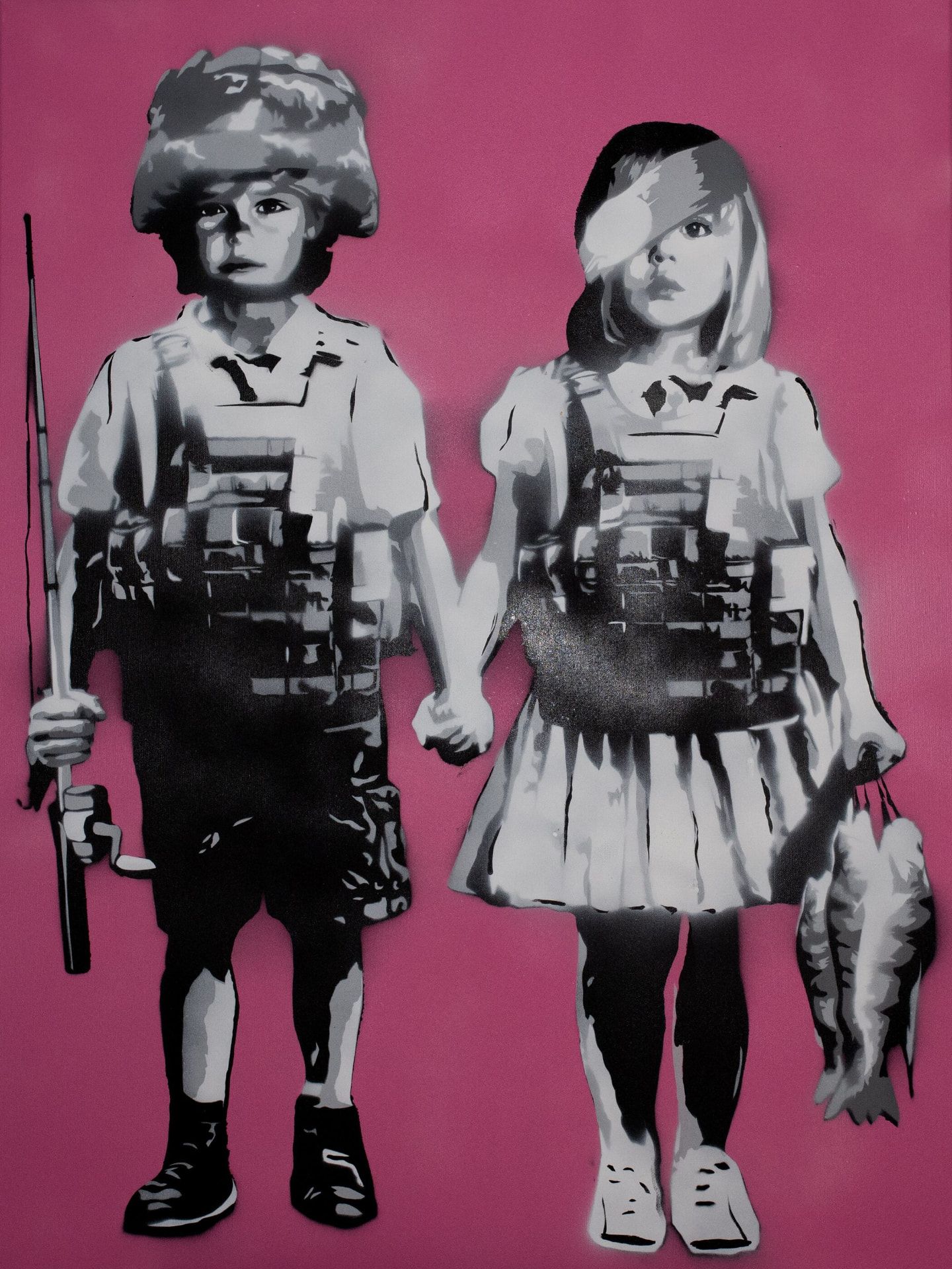 Alina & Arten, 10 & 8, Fisher Kings I — original stencil on canvas artwork by Aidan Phelan, 120 × 120 cm, 2025, War Child Collection 2025, available at Causon Daniels
