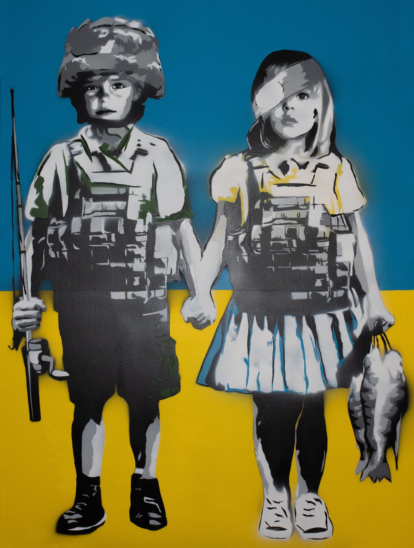 Alina & Arten, 10 & 8, Fisher Kings II — original stencil on canvas artwork by Aidan Phelan, 120 × 120 cm, 2025, War Child Collection 2025, available at Causon Daniels