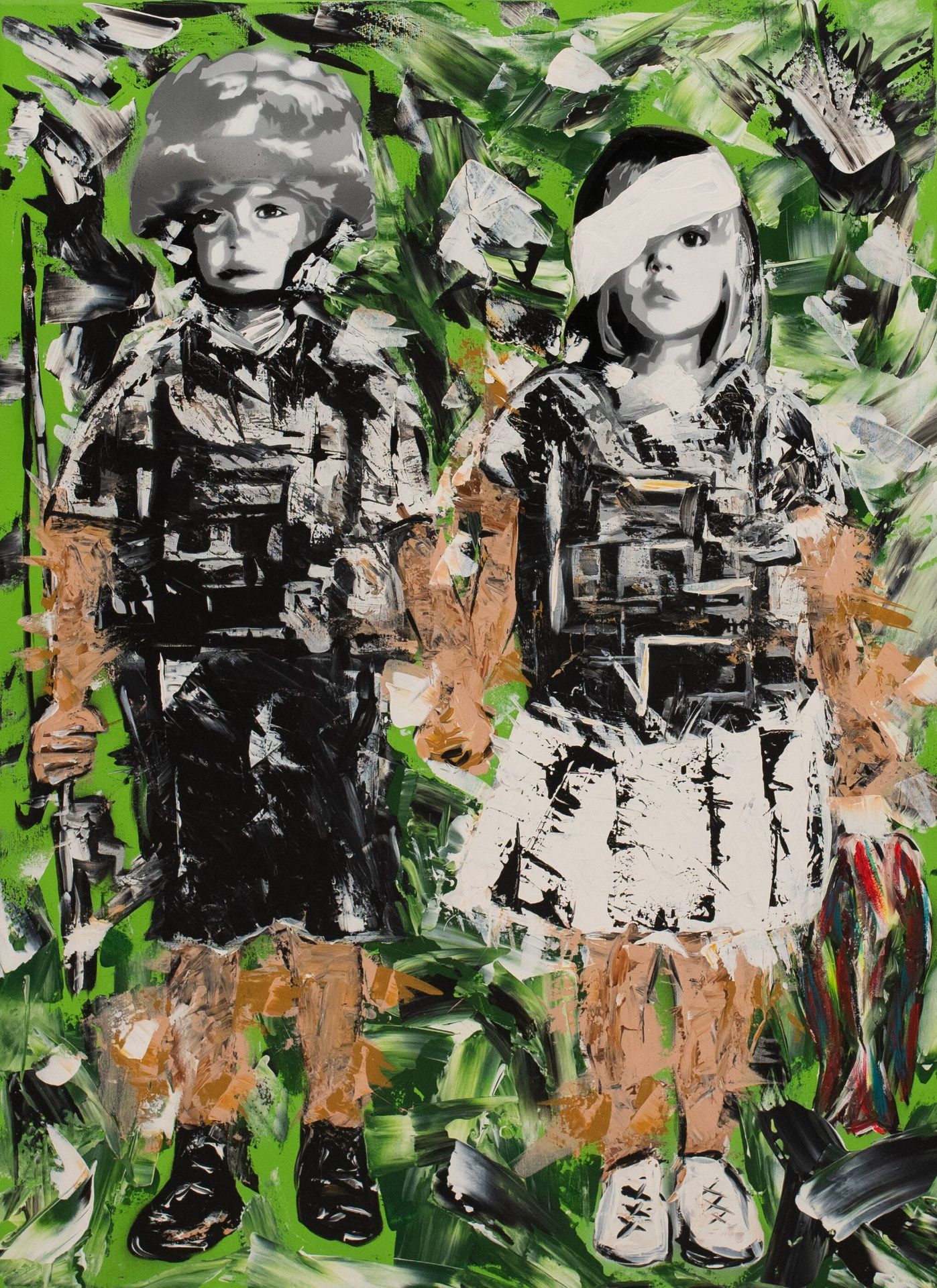 Alina & Arten, 10 & 8, Fisher Kings III — original stencil on canvas artwork by Aidan Phelan, 120 × 120 cm, 2025, War Child Collection 2025, available at Causon Daniels