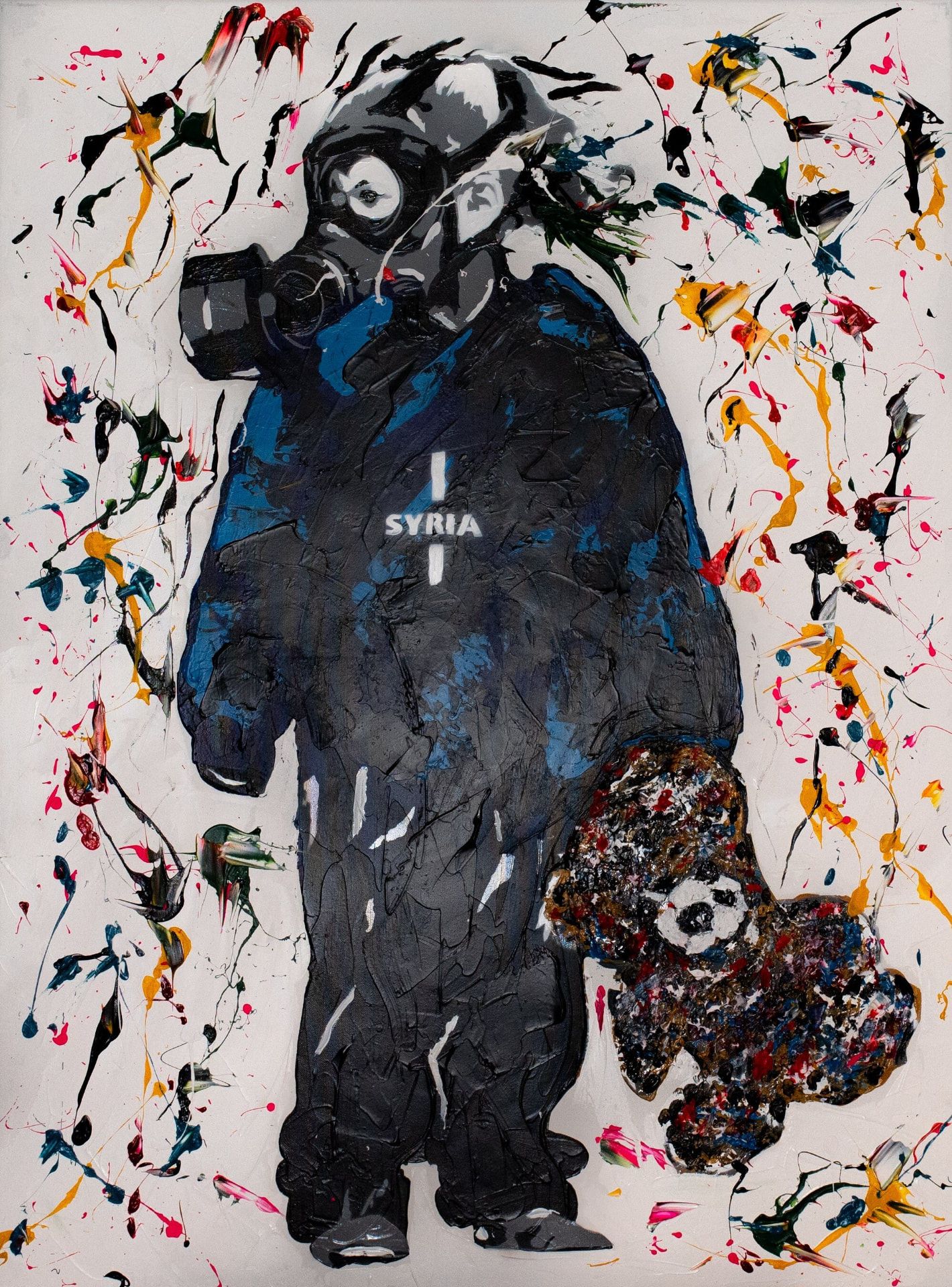 Amira, 7, Gas Attack I — original stencil on canvas artwork by Aidan Phelan, 120 × 120 cm, 2025, War Child Collection 2025, available at Causon Daniels