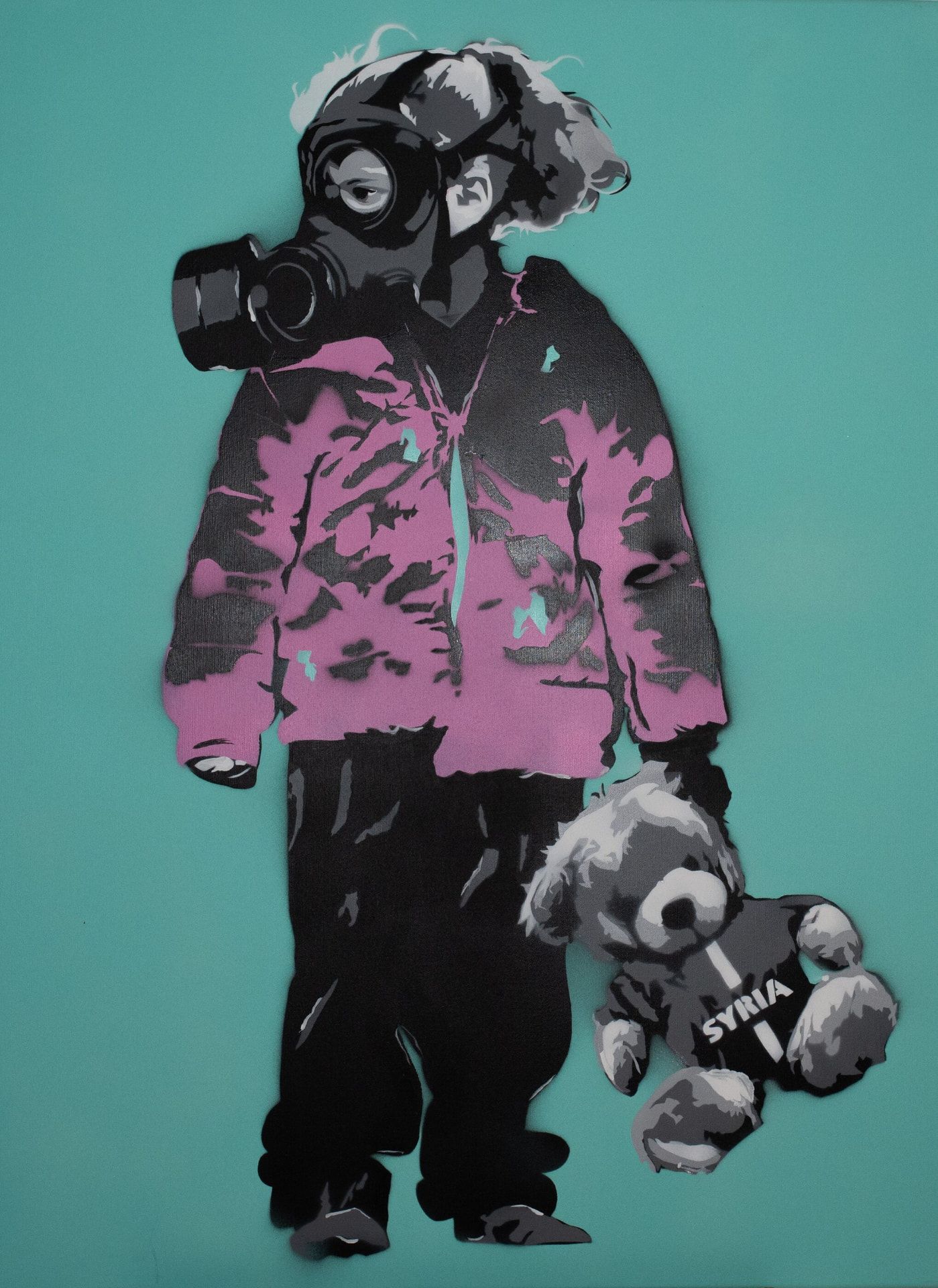 Amira, 7, Gas Attack II — original stencil on canvas artwork by Aidan Phelan, 120 × 120 cm, 2025, War Child Collection 2025, available at Causon Daniels