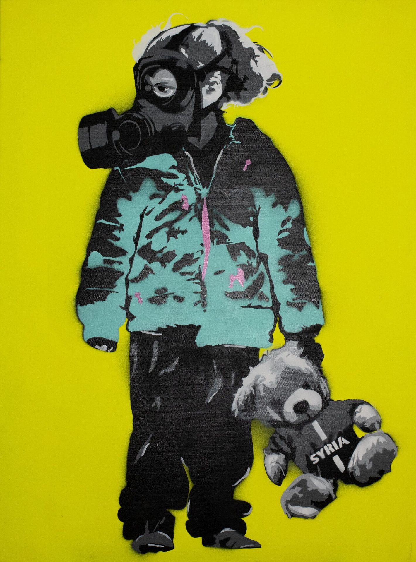 Amira, 7, Gas Attack III — original stencil on canvas artwork by Aidan Phelan, 120 × 120 cm, 2025, War Child Collection 2025, available at Causon Daniels