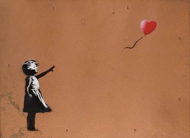 Girl With Balloon (Ochre Ground) — original spray paint and stencil on board artwork by Banksy, Dimensions on request, 2004, Girl With Balloon, available at Causon Daniels