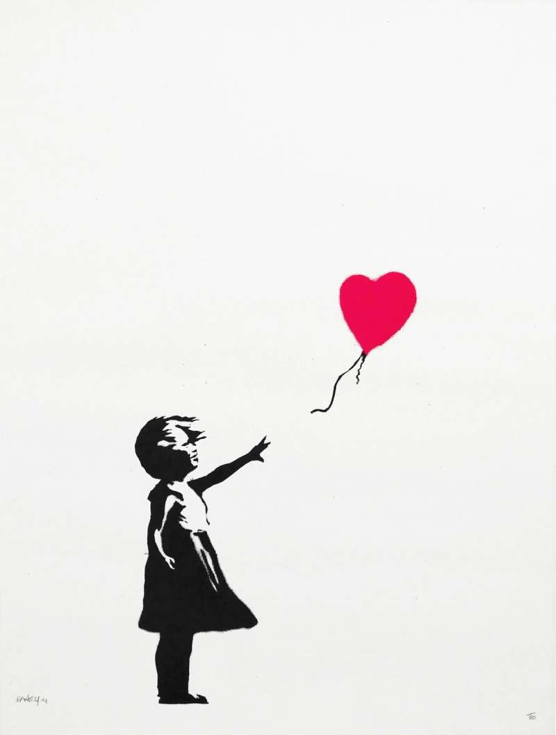 Girl With Balloon (Signed, Pink) — original screenprint in colours on wove paper artwork by Banksy, 70 × 50 cm, 2004, Girl With Balloon, available at Causon Daniels