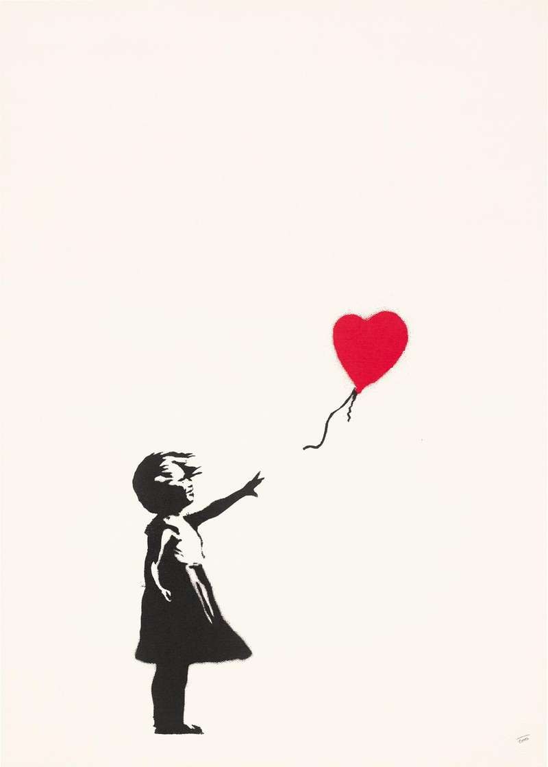 Girl With Balloon (Unsigned, Red) — original screenprint in colours on wove paper artwork by Banksy, 70 × 50 cm, 2004, Girl With Balloon, available at Causon Daniels