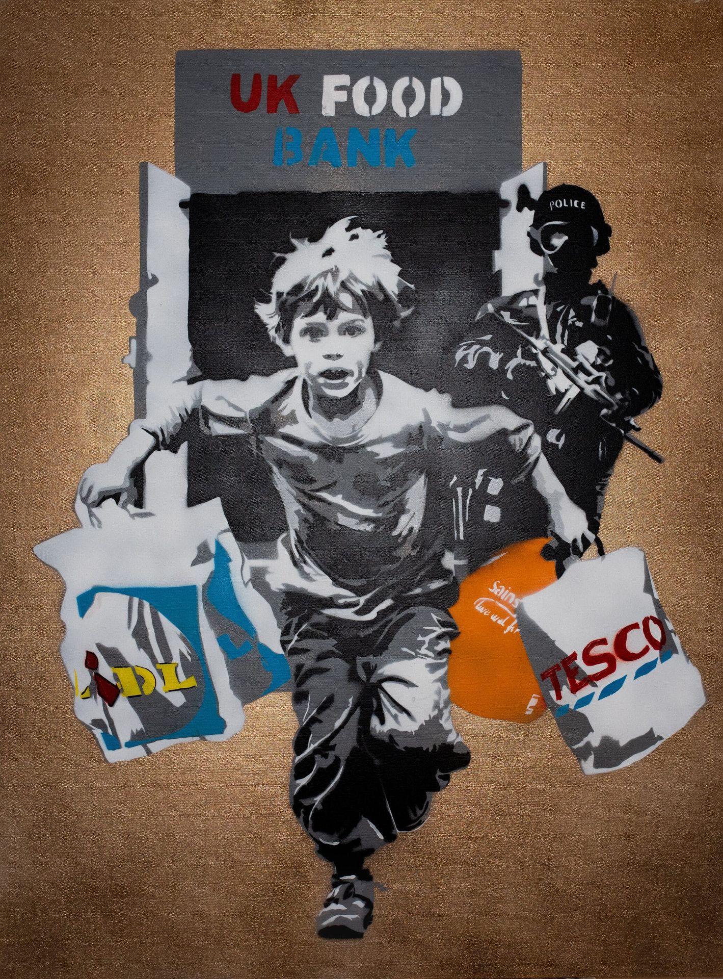 Carter, 8, Food Bank I — original stencil on canvas artwork by Aidan Phelan, 120 × 120 cm, 2025, War Child Collection 2025, available at Causon Daniels