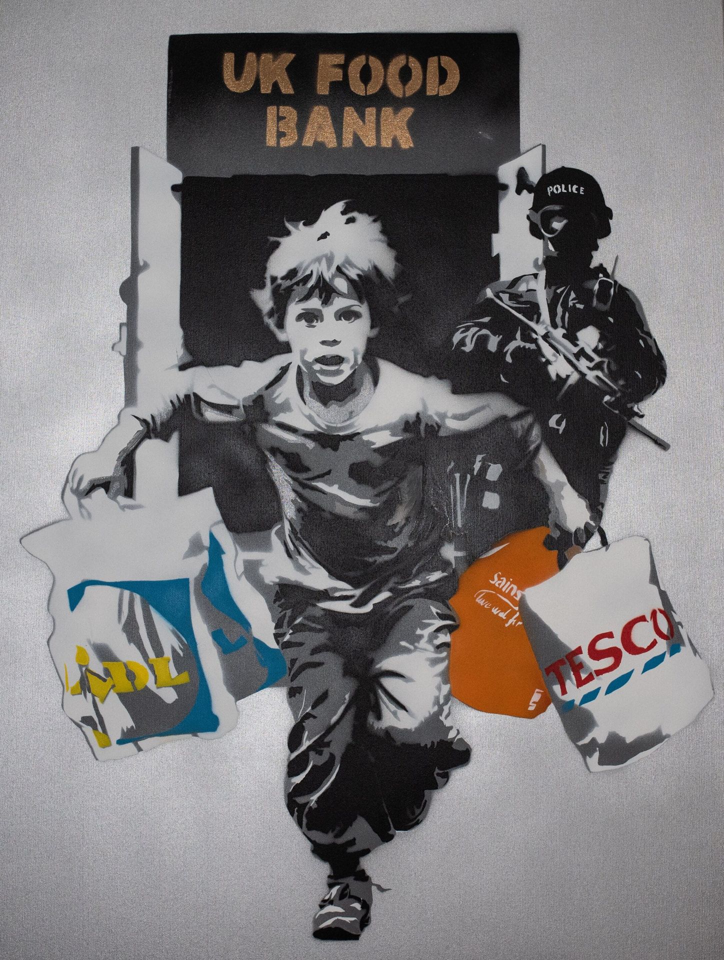 Carter, 8, Food Bank II — original stencil on canvas artwork by Aidan Phelan, 120 × 120 cm, 2025, War Child Collection 2025, available at Causon Daniels
