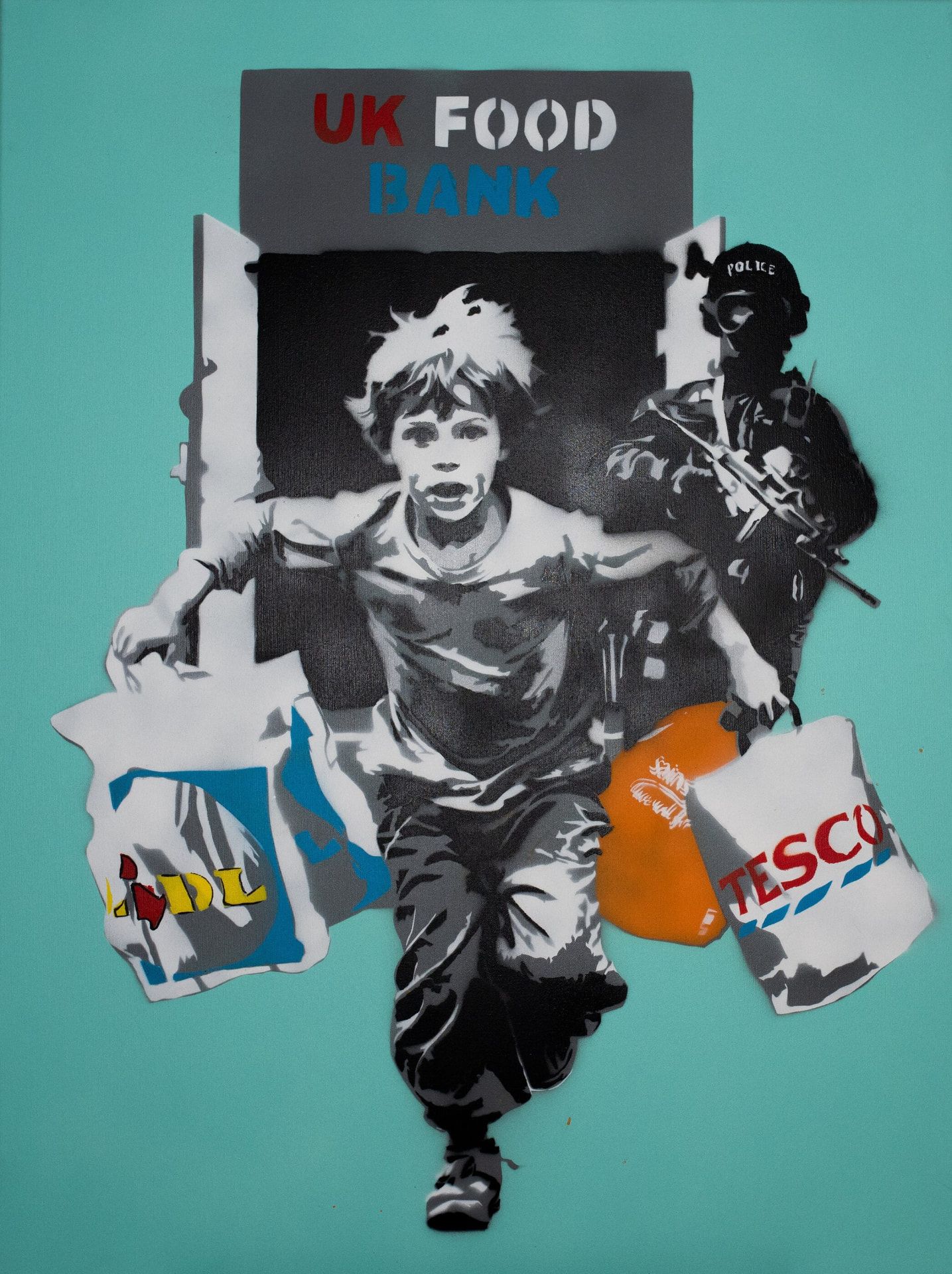 Carter, 8, Food Bank III — original stencil on canvas artwork by Aidan Phelan, 120 × 120 cm, 2025, War Child Collection 2025, available at Causon Daniels