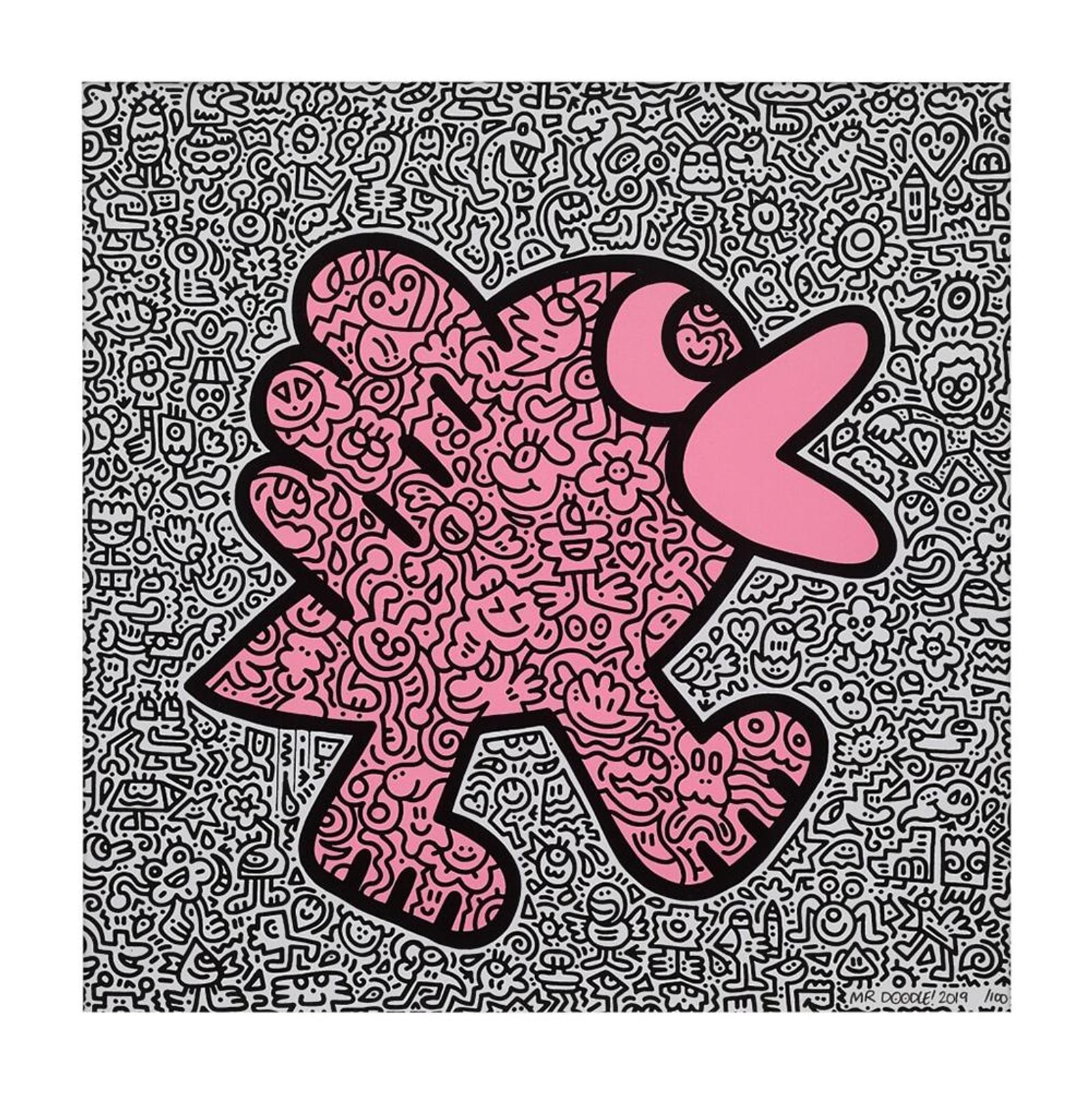 Pink Bird — original signed screenprint artwork by Mr Doodle, 35 x 35cm, 2019, Doodle Creatures, available at Causon Daniels