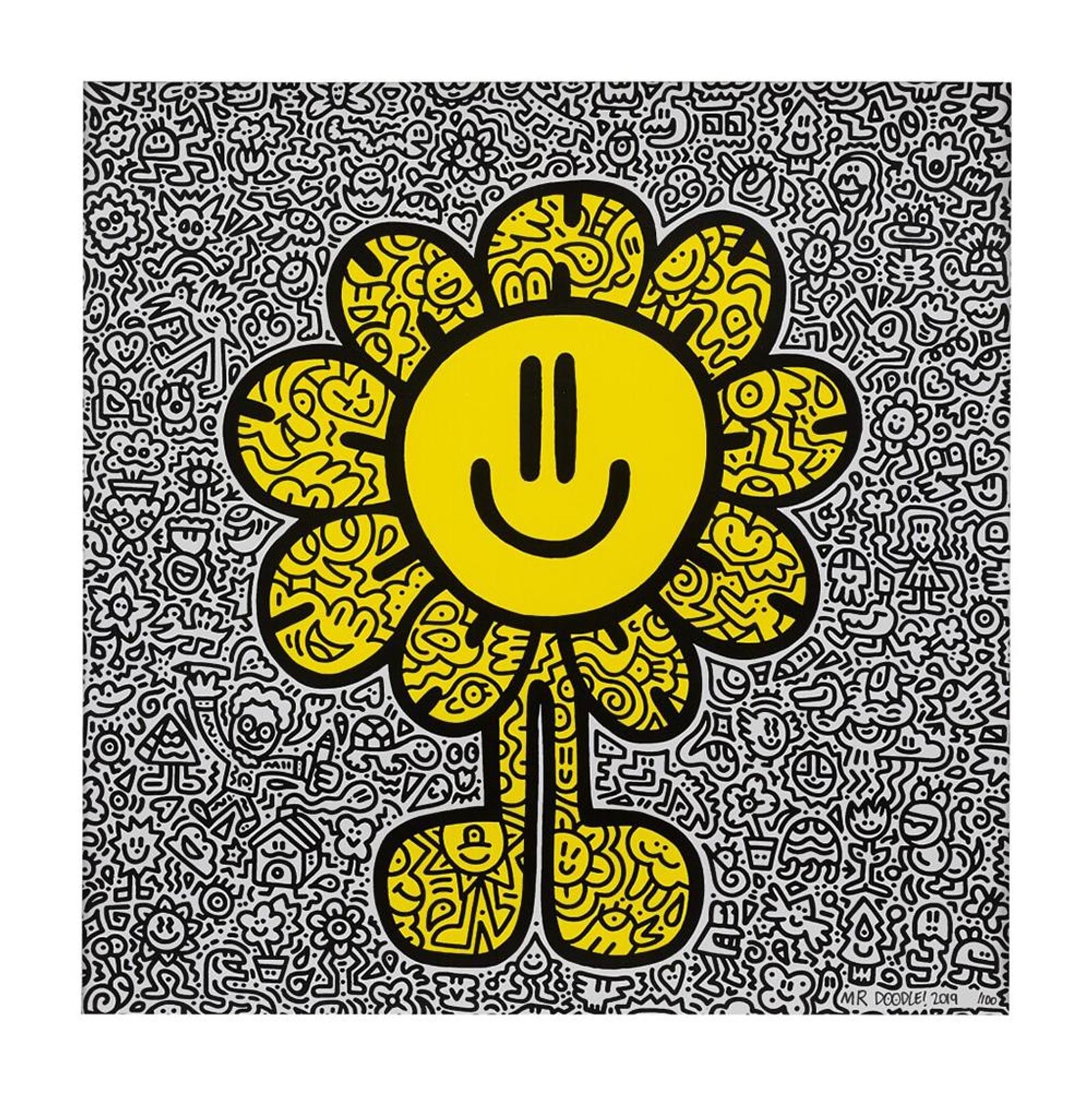 Yellow Flower — original signed screenprint artwork by Mr Doodle, 35 x 35cm, 2019, Doodle Creatures, available at Causon Daniels