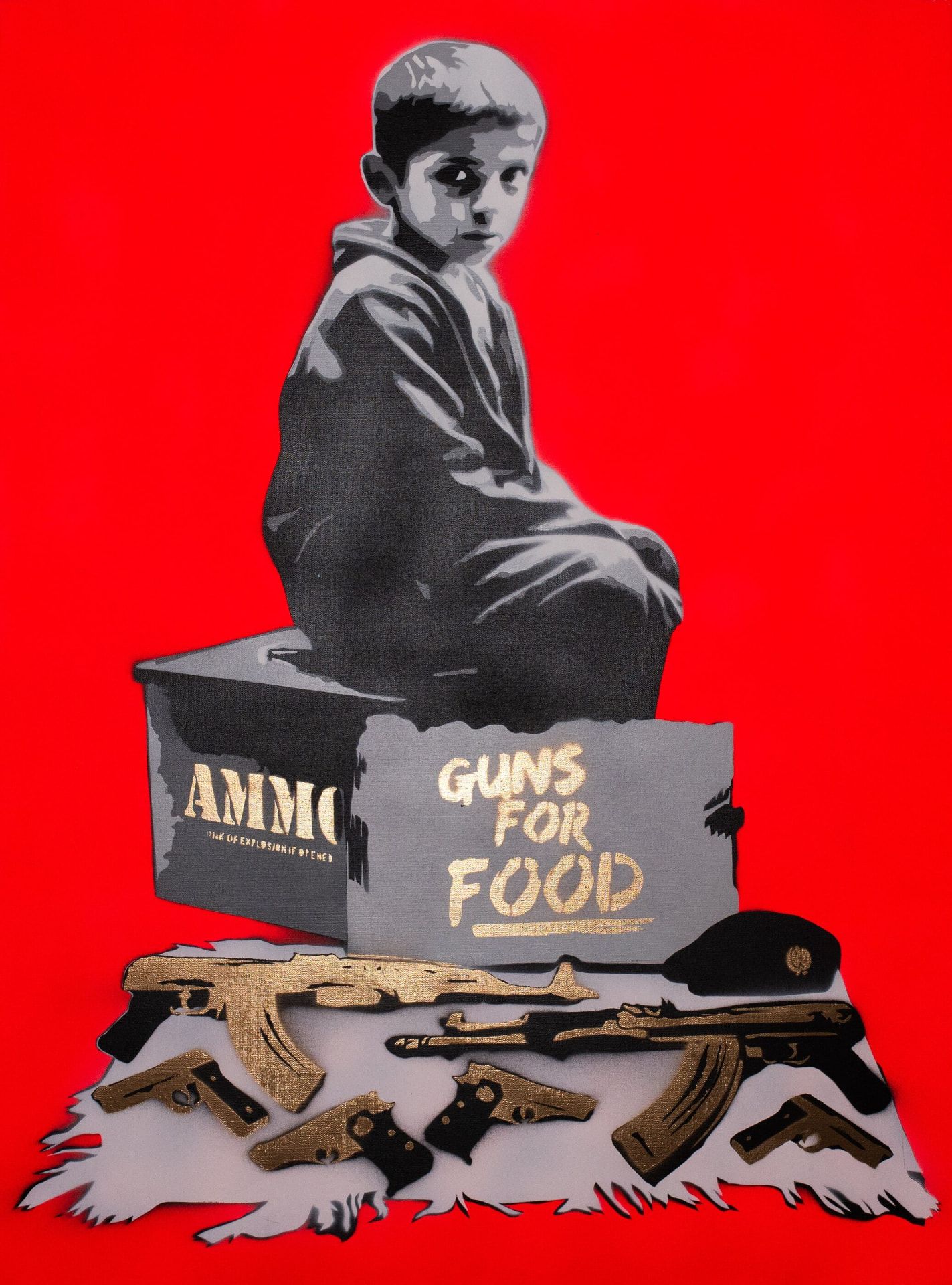 Faisal, 11, Guns For Food I — original stencil on canvas artwork by Aidan Phelan, 120 × 120 cm, 2025, War Child Collection 2025, available at Causon Daniels