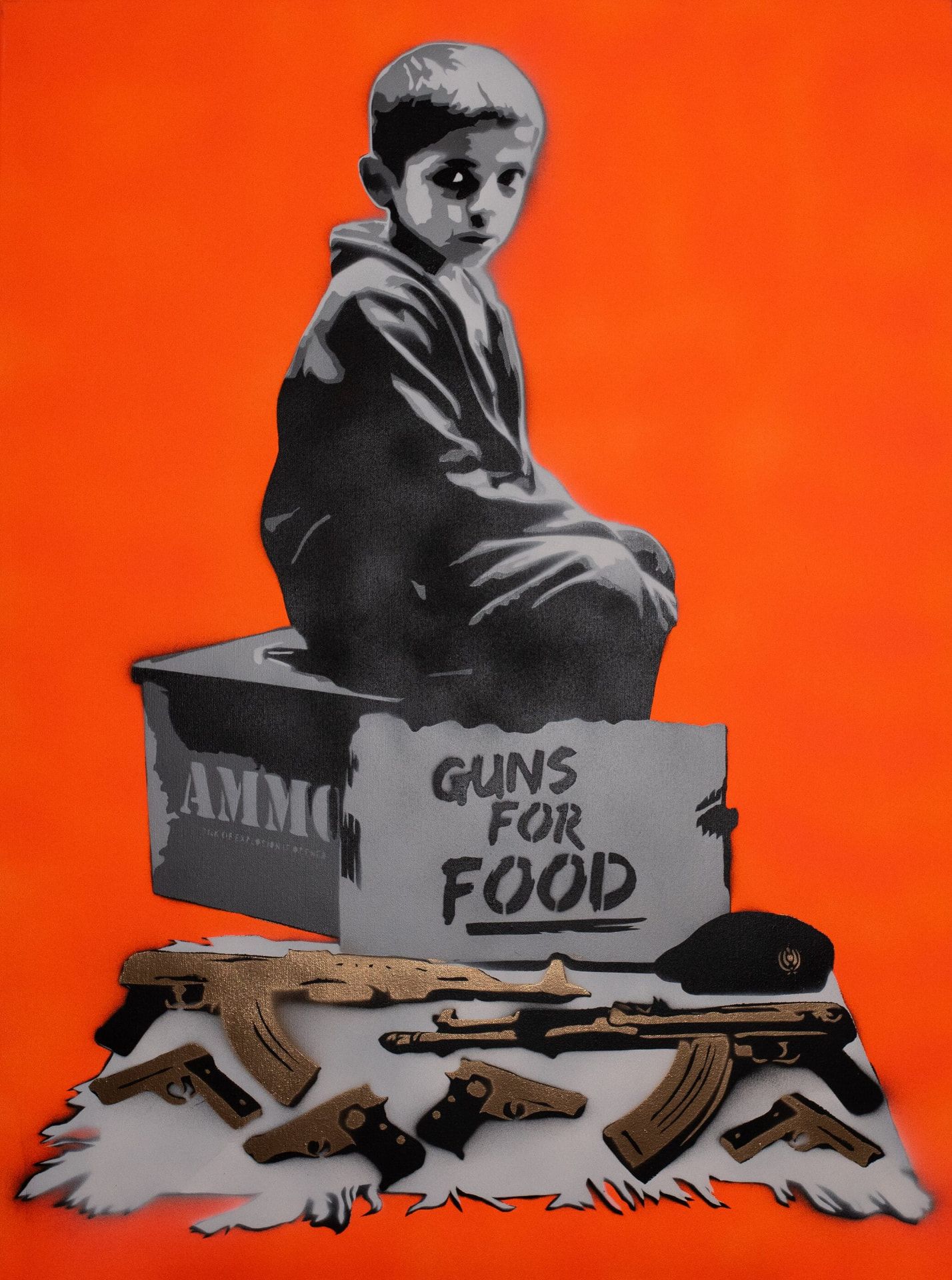 Faisal, 11, Guns For Food II — original stencil on canvas artwork by Aidan Phelan, 120 × 120 cm, 2025, War Child Collection 2025, available at Causon Daniels