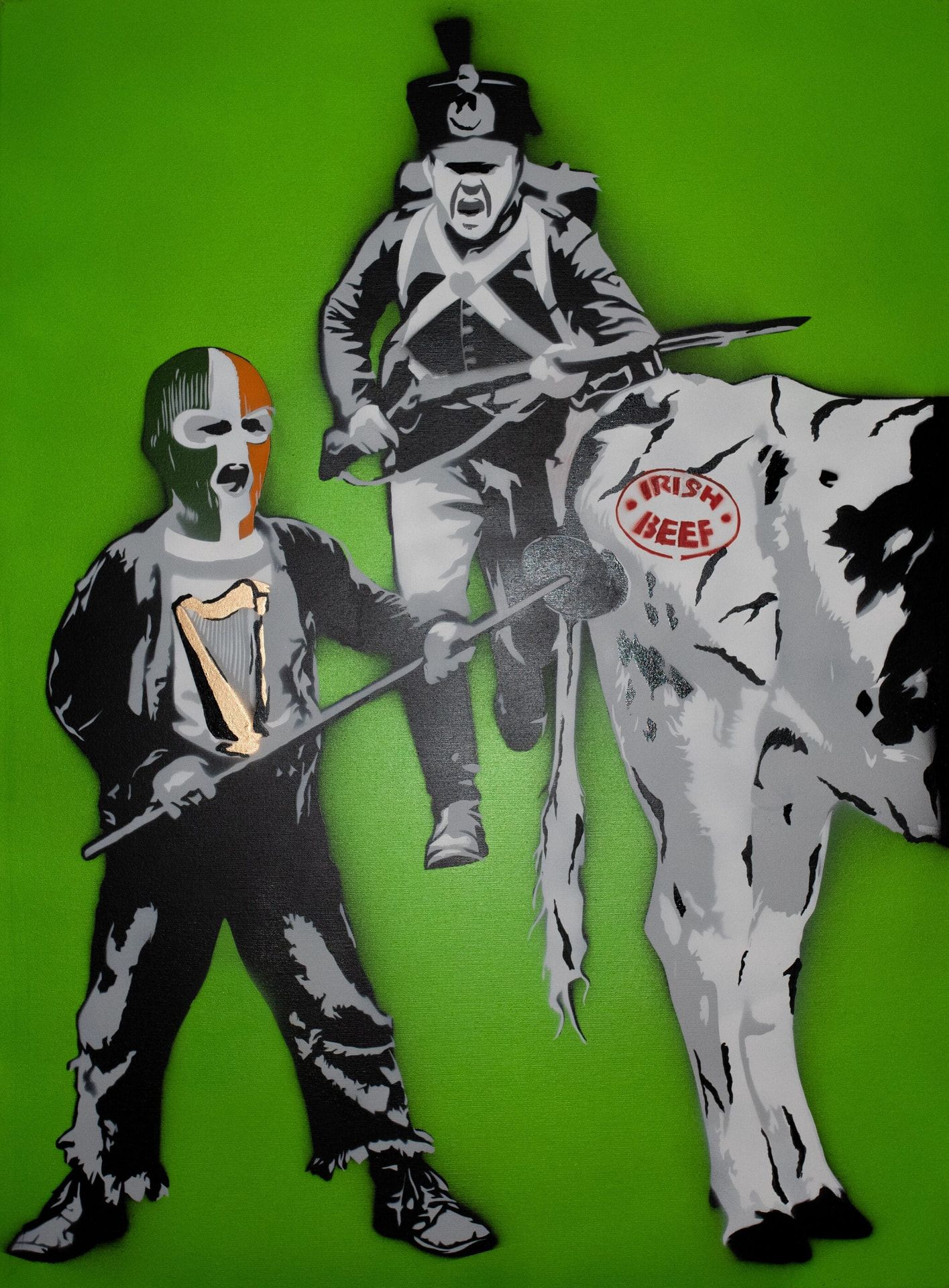 Fintan, 7, Irish Beef I — original stencil on canvas artwork by Aidan Phelan, 120 × 120 cm, 2025, War Child Collection 2025, available at Causon Daniels