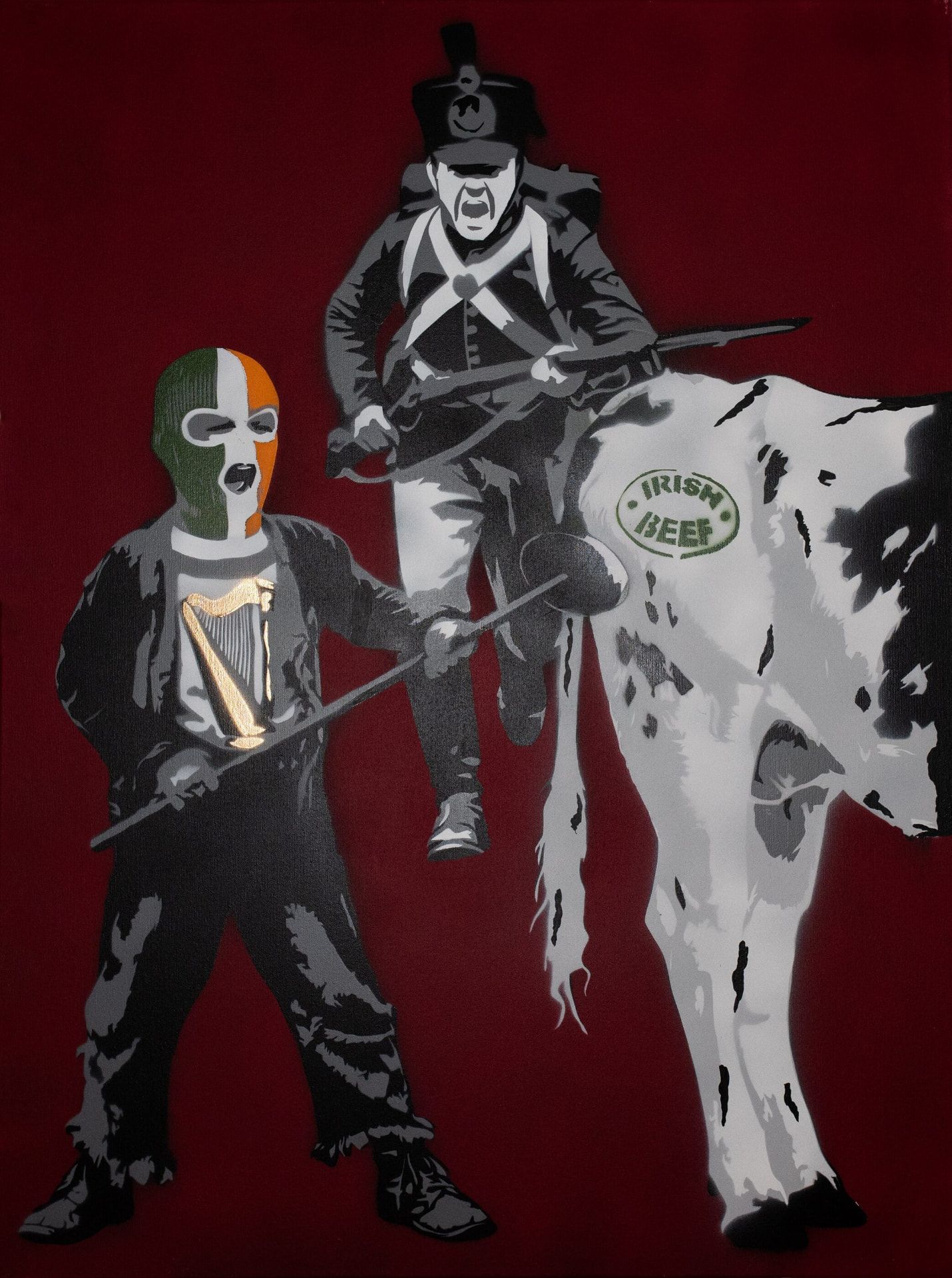 Fintan, 7, Irish Beef II — original stencil on canvas artwork by Aidan Phelan, 120 × 120 cm, 2025, War Child Collection 2025, available at Causon Daniels