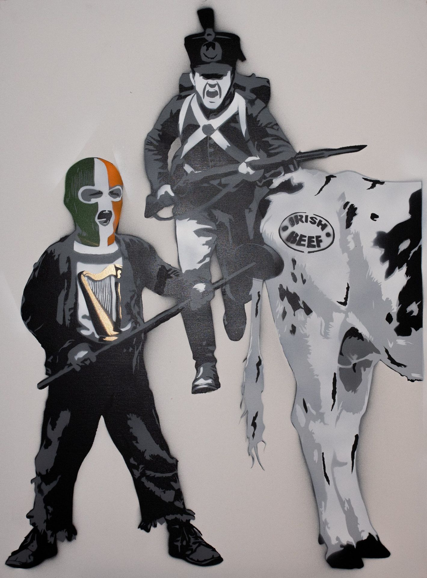 Fintan, 7, Irish Beef III — original stencil on canvas artwork by Aidan Phelan, 120 × 120 cm, 2025, War Child Collection 2025, available at Causon Daniels
