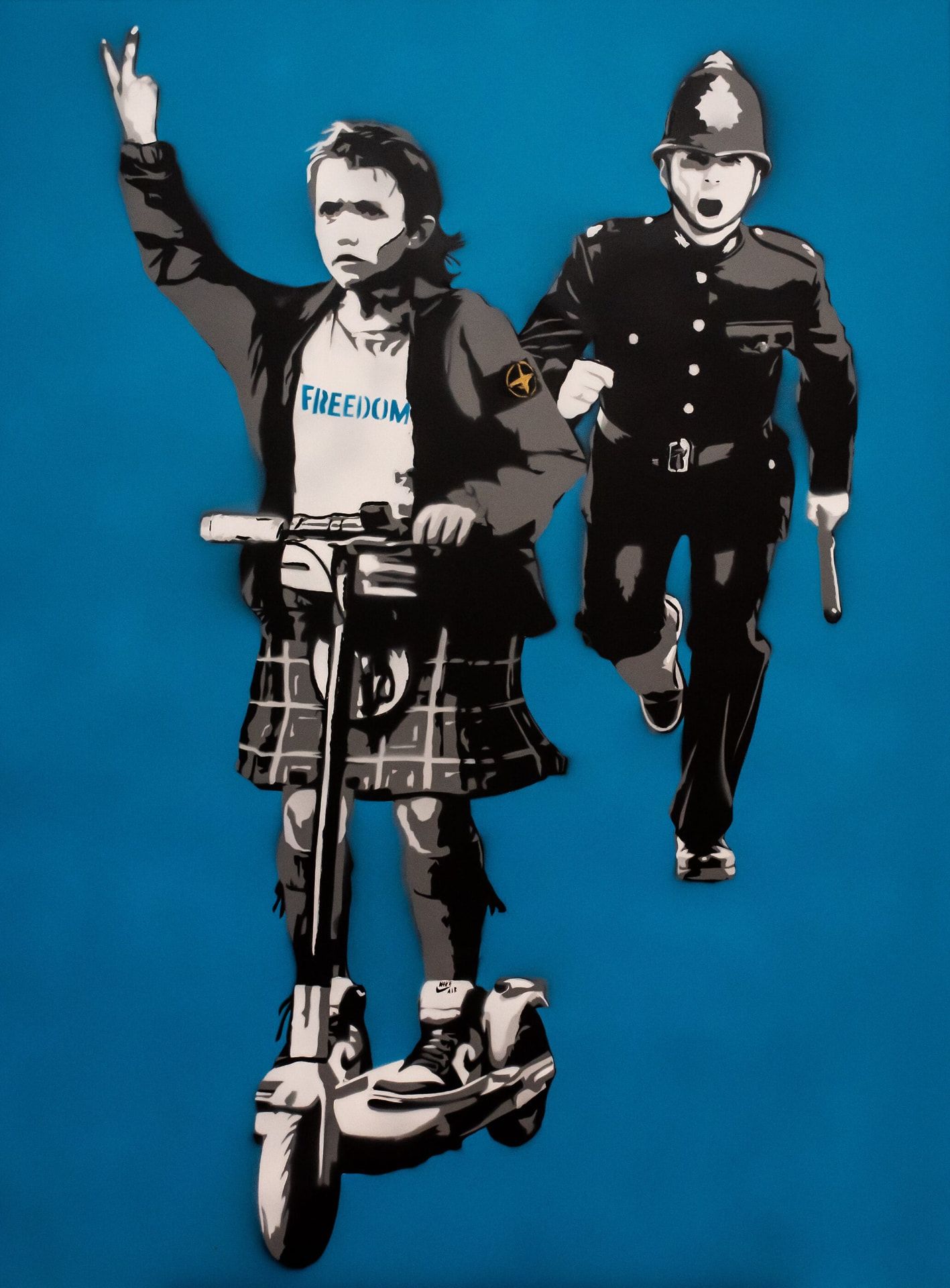 Freedom, 10, Angus I — original stencil on canvas artwork by Aidan Phelan, 120 × 120 cm, 2025, War Child Collection 2025, available at Causon Daniels