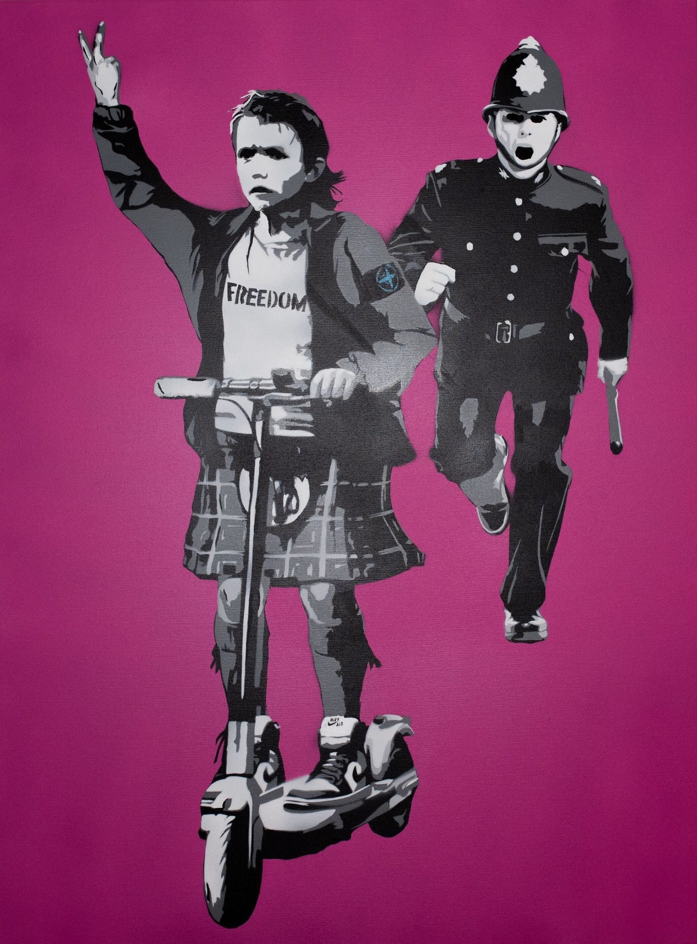 Freedom, 10, Angus II — original stencil on canvas artwork by Aidan Phelan, 120 × 120 cm, 2025, War Child Collection 2025, available at Causon Daniels