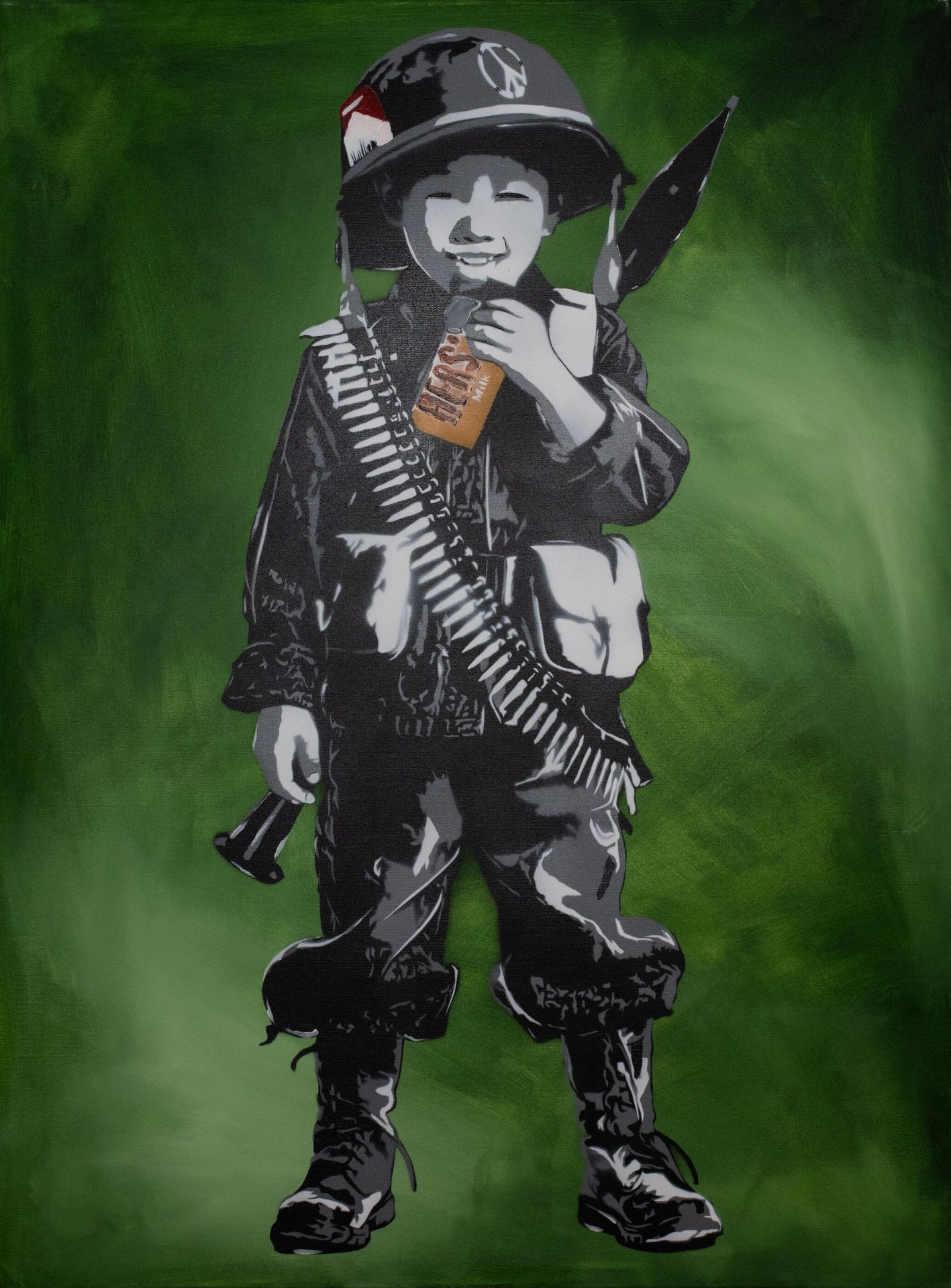Hein, 8, Hershey Wars I — original stencil on canvas artwork by Aidan Phelan, 120 × 120 cm, 2025, War Child Collection 2025, available at Causon Daniels