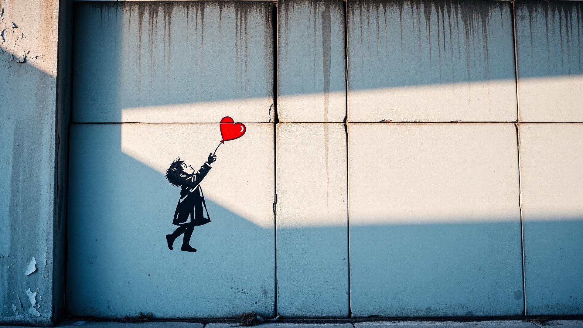 Black stencil street art of a child releasing a red heart balloon on a concrete wall